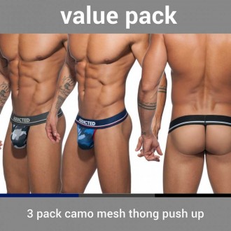 AD701P 3 PACK CAMO MESH THONG PUSH UP